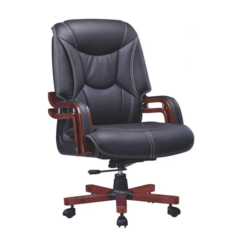 Luxury High Back PU Boss Wooden Office Swivel Reclining Real Leather Chairs